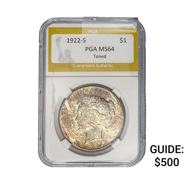 1922-S Silver Peace Dollar PGA MS64 Toner