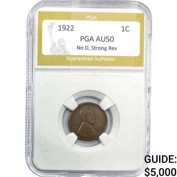 1922 Wheat Cent PGA AU50 No D Strong Rev.