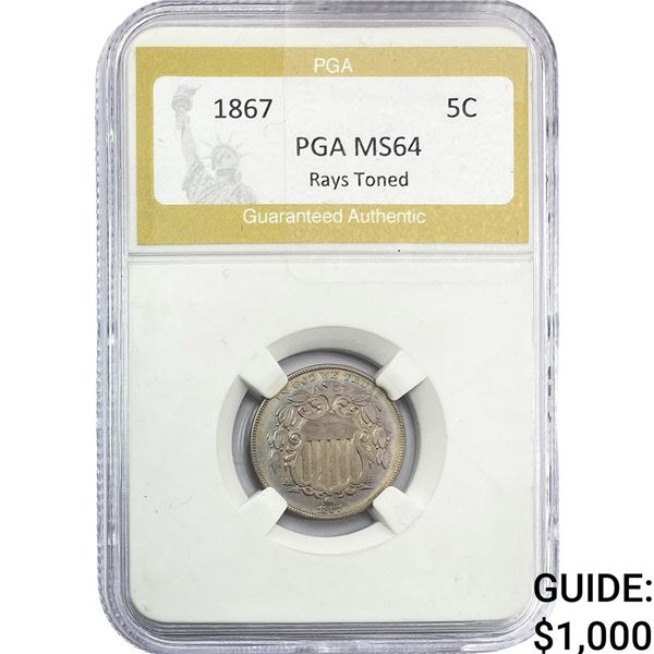 1867 Shield Nickel PGA MS64 Rays Toned