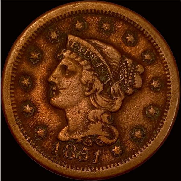 1851 Braided Hair Large Cent LIGHTLY CIRCULATED