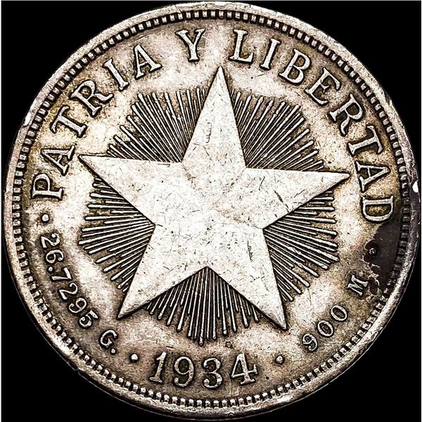 1934 Cuba Silver 1 Peso CLOSELY UNCIRCULATED