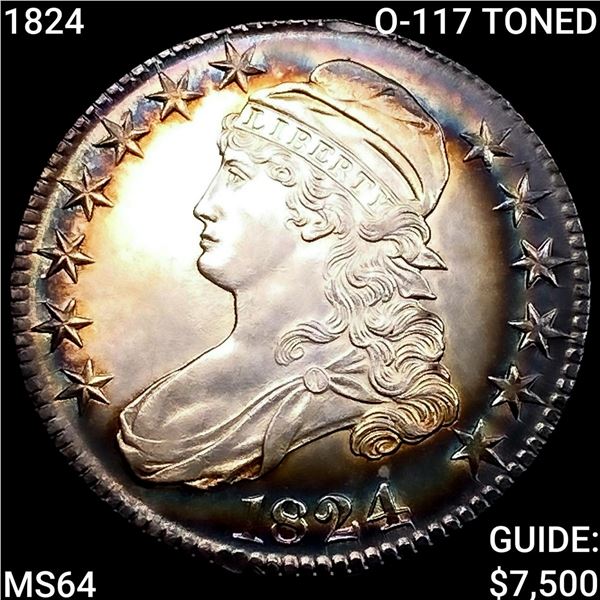 1824 O-117 TONED Capped Bust Half Dollar CHOICE BU