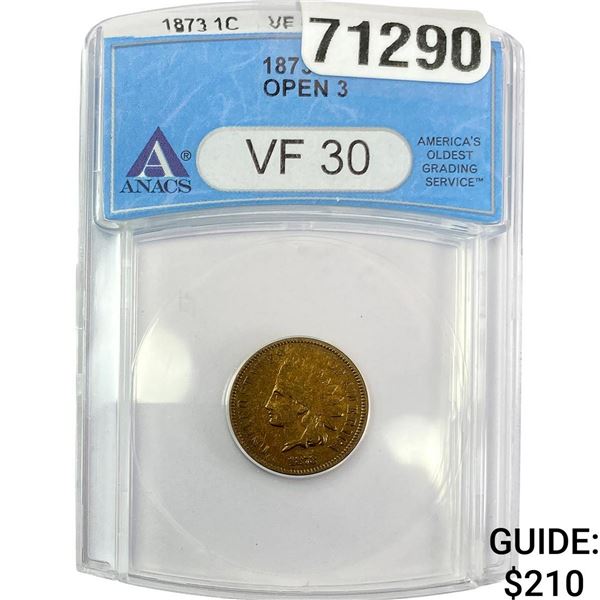 1873 Indian Head Cent ANACS VF30