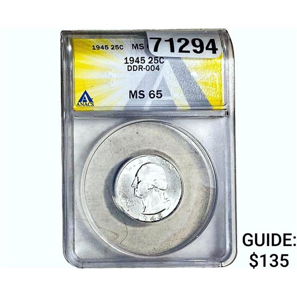 1945 Washington Silver Quarter ANACS MS65