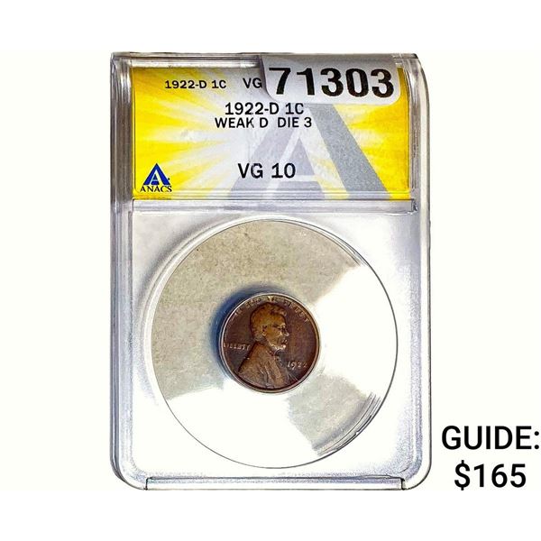 1922-D Wheat Cent ANACS VG10 Weak D