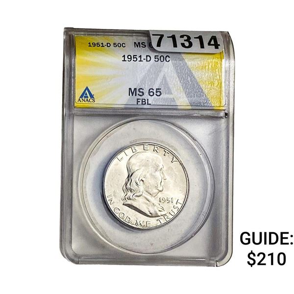1951-D Franklin Half Dollar ANACS MS65 FBL