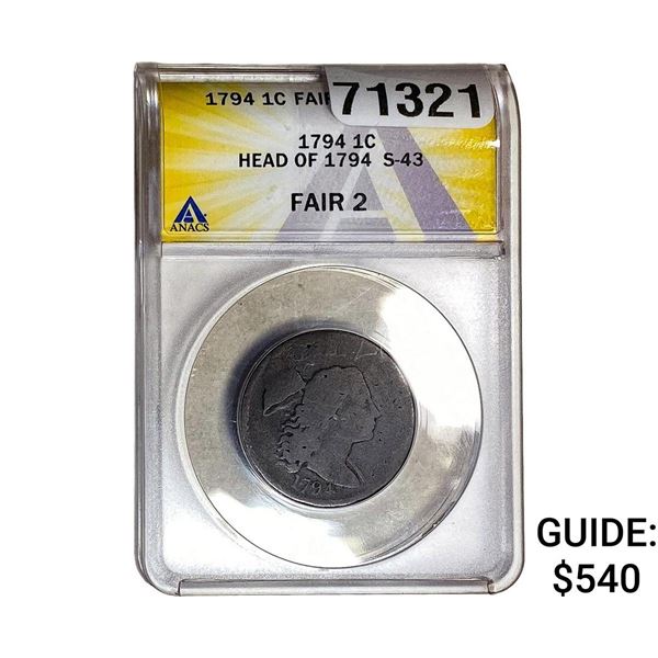 1794 Liberty Cap Cent ANACS F2