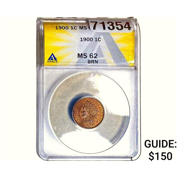 1900 Indian Head Cent ANACS MS62 BRN