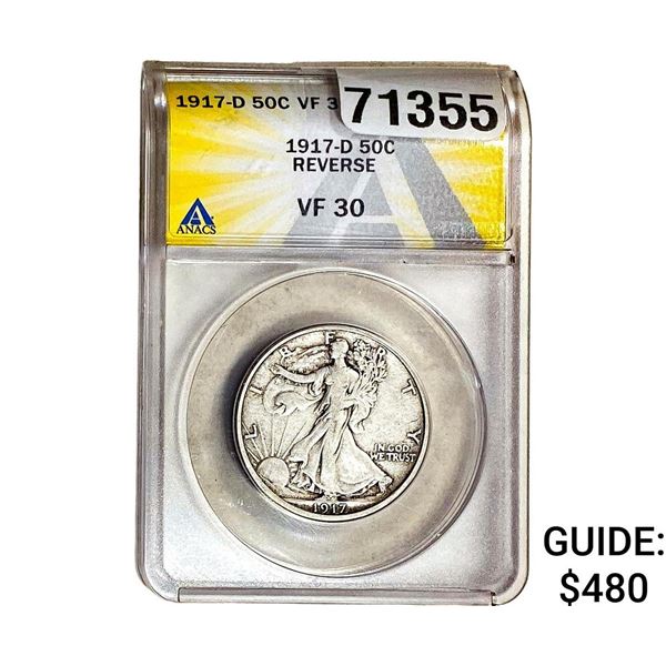 1917-D Walking Liberty Half Dollar ANACS VF30 Reverse