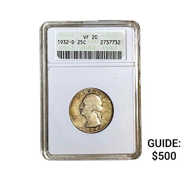 1932-D Washington Silver Quarter ANACS VF20