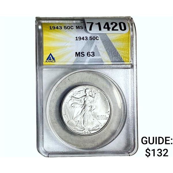 1943 Walking Liberty Half Dollar ANACS MS63
