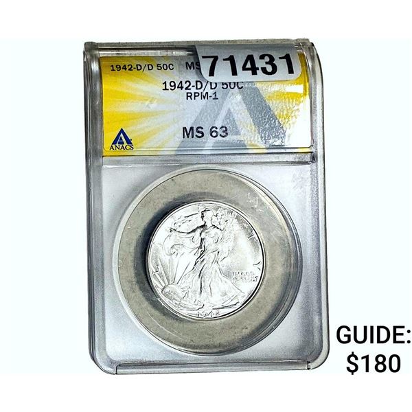 1942-D/D Walking Liberty Half Dollar ANACS MS63 RPM-1