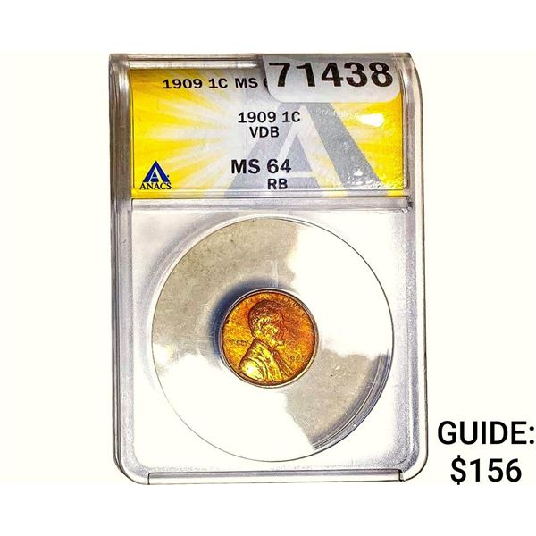 1909 Wheat Cent ANACS MS64 RB