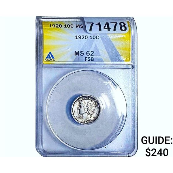 1920 Mercury Silver Dime ANACS MS62 FSB