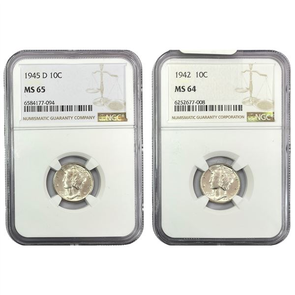 1942-1945 GEM BU Mercury Dime[2cs] NGC MS64/65