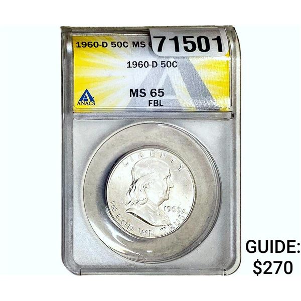 1960-D Franklin Half Dollar ANACS MS65 FBL