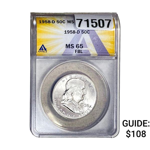 1958-D Franklin Half Dollar ANACS MS65 FBL