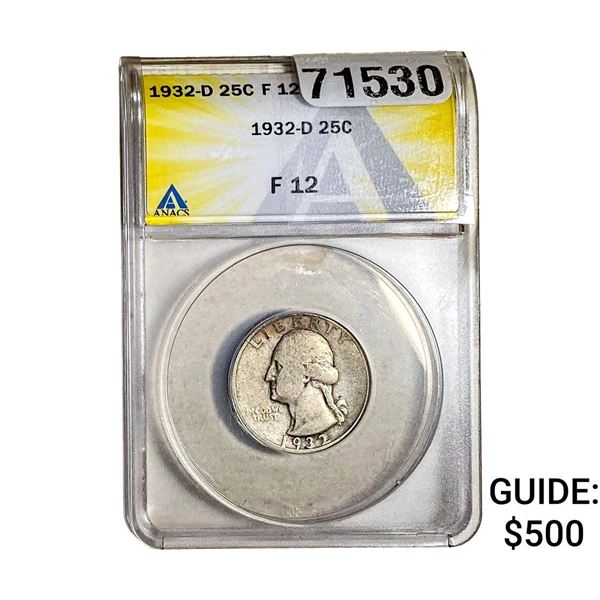1932-D Washington Silver Quarter ANACS F12