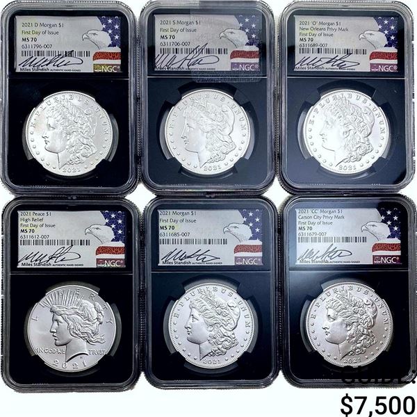[6 Coins] 2021 $1 Morgan & Peace NGC MS70