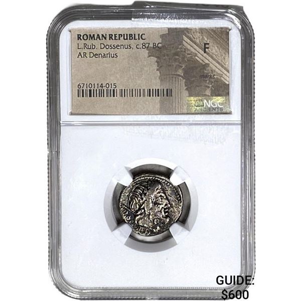 Roman L.Rub. Dossenus, c.87 BC Silver Denarius NGC F