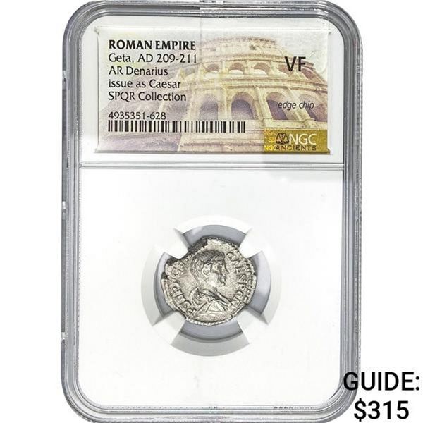 Roman Geta, AD 209-211 Silver Denarius NGC VF