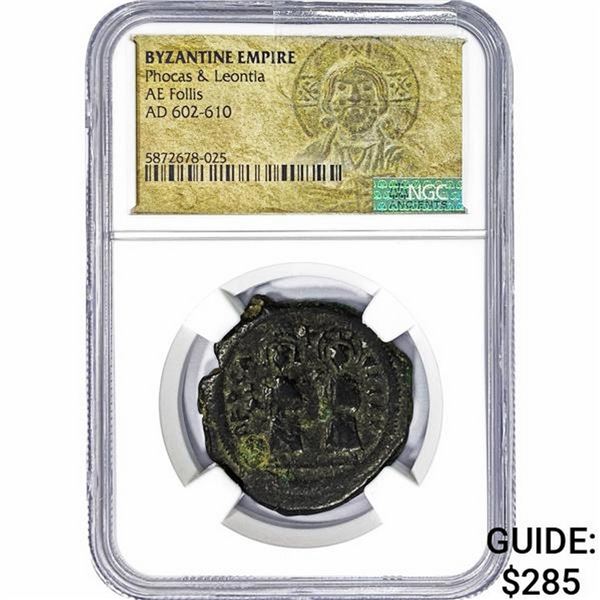 Byzantine Phocas/Leontia AD 602-610 Bronze Follis NGC