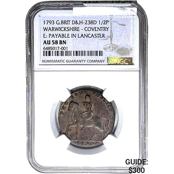 1793 G.Brit D&H 238 1/2P Warwicksire NGC AU58 BN
