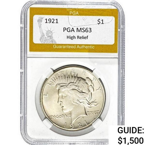 1921 Silver Peace Dollar PGA MS63 High Relief