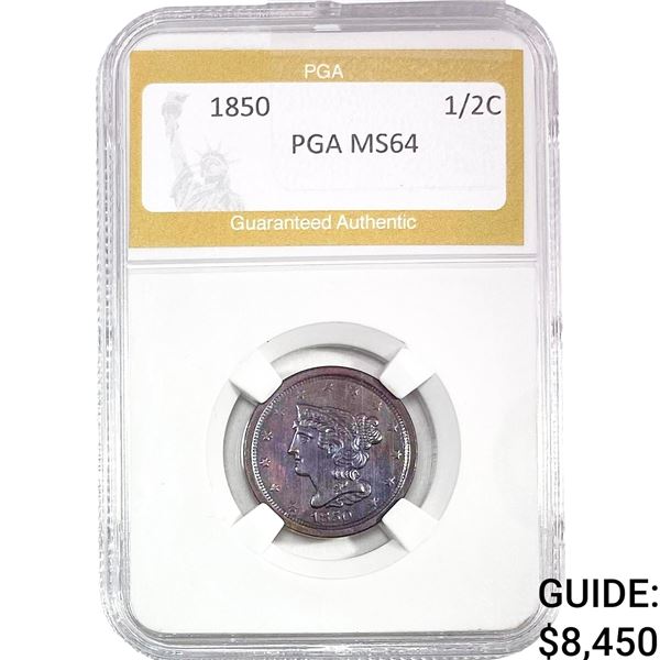 1850 Braided Hair Half Cent PGA MS64