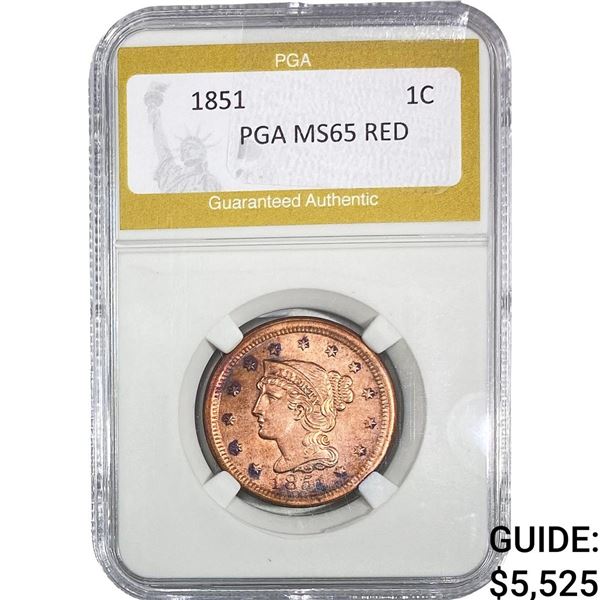 1851 Braided Hair Large Cent PGA MS65 Red