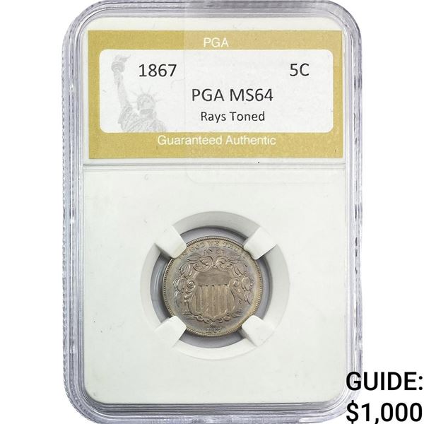 1867 Shield Nickel PGA MS64 Rays Toned