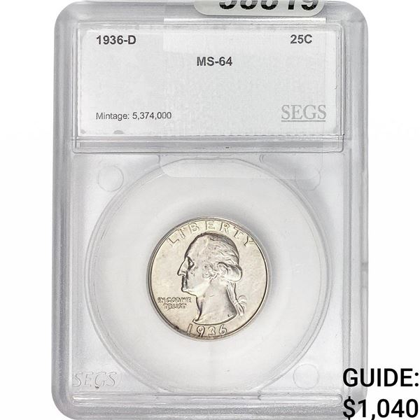 1936-D Washington Silver Quarter SEGS MS64