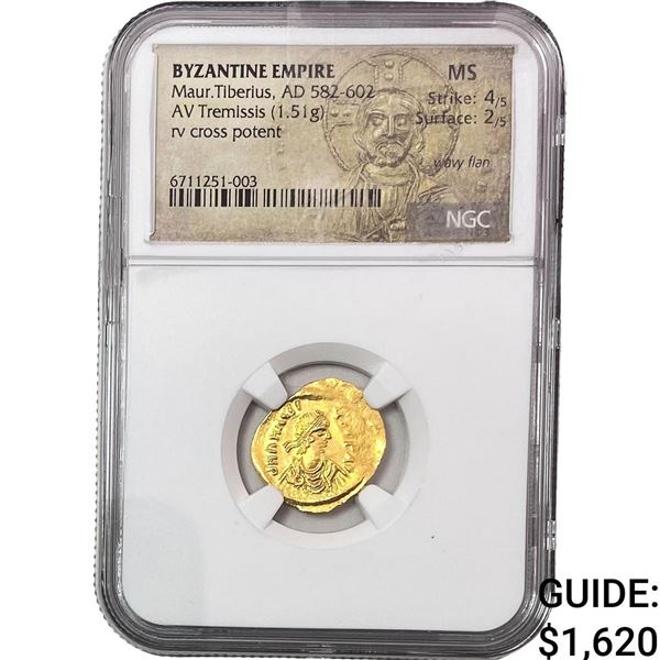 Byzantine Maur.Tiberius AD582-602 Gold Tre. 1.51g NGC MS