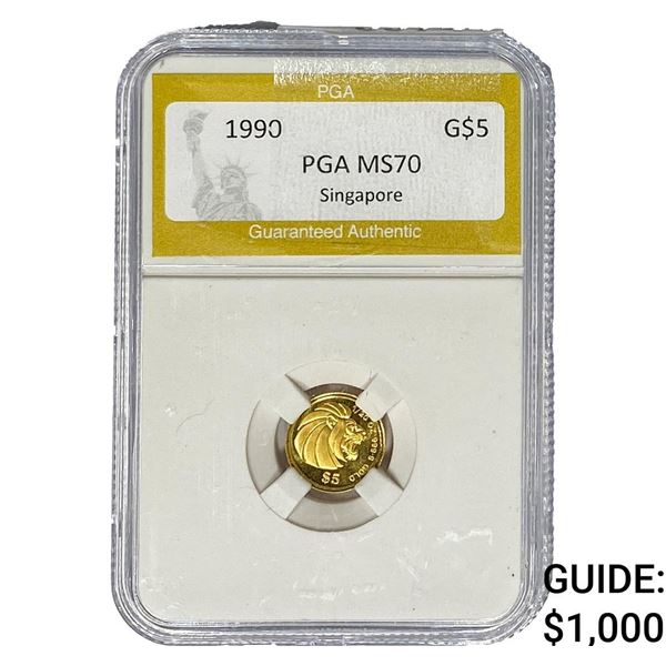 1990 Singapore Lion $5 1/20oz PGA MS70