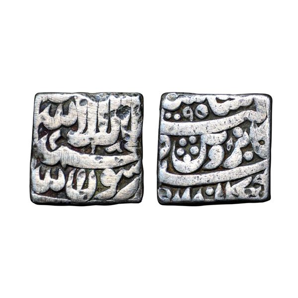 Akbar (1556-1605 AD), silver square rupee, Bangala mint, 'Kaabe Roushan' couplet, AH 1009, KM 86.1,