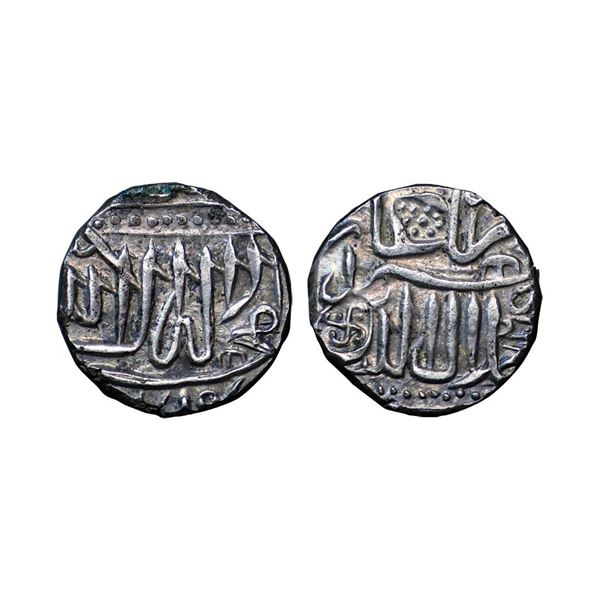 Akbar (AH 963-1014, 1556-1605 AD), Provincial issues, Silver Mahmudi, 5.59 gms, Mulher Mint, Swastik