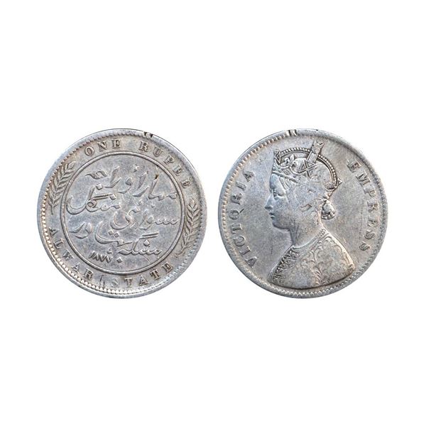 Alwar, Mangal Singh (1874-1892 AD), silver rupee, 1877, KM 46, 11.52g.