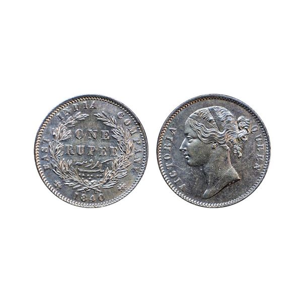 Victoria Queen, divided legend, silver rupee, 1840, Calcutta/Bombay mint