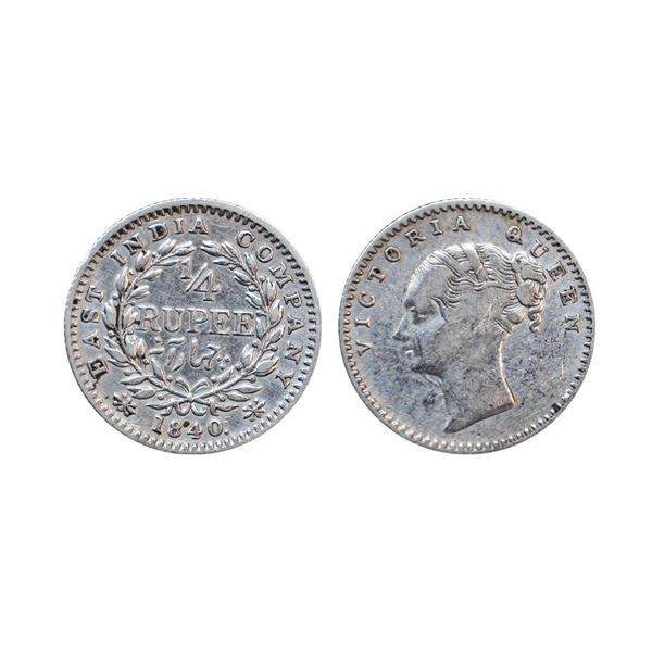 Victoria Queen, continuous legend, silver ¼ rupee, 1840, Bombay mint