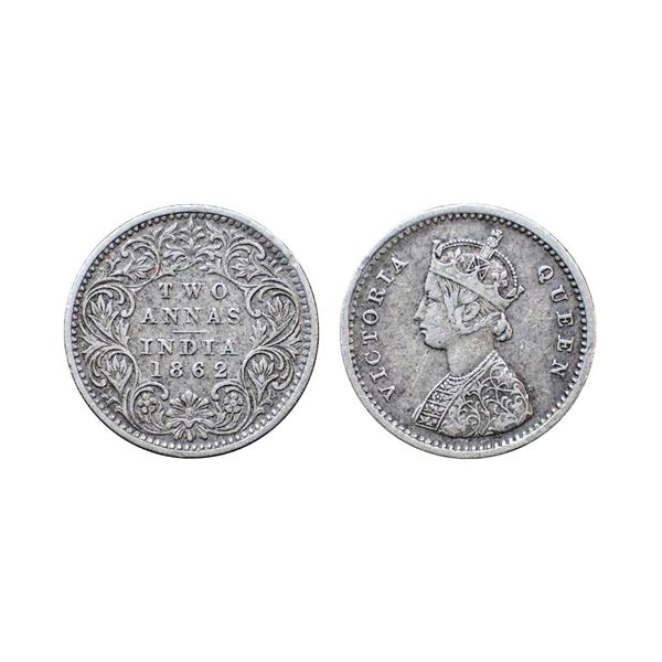 Victoria Queen, silver 2 annas, 1862, Calcutta mint, PR 485; GK 381.