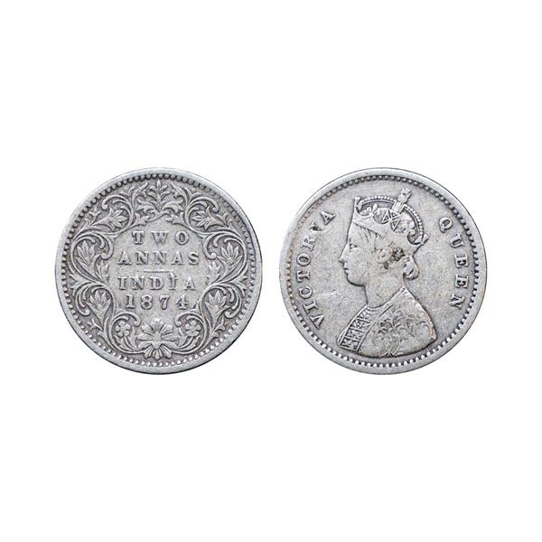 Victoria Queen, silver 2 annas, 1874, Bombay mint, A/I/no mm, PR 516.