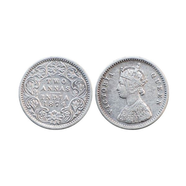 Victoria Queen, Silver 2 Annas, 1874, Calcutta Mint,