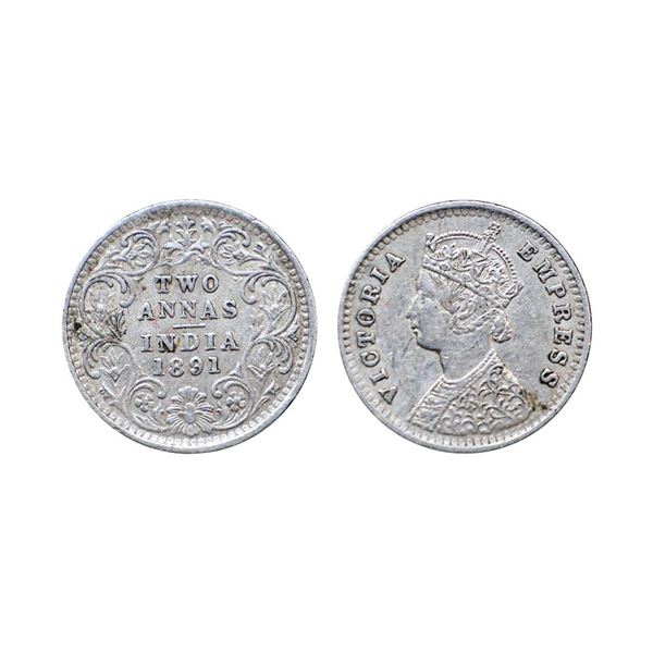 Victoria Empress, Silver 2 Annas, 1891, Calcutta Mint, B / II / C incuse (Prid 506).