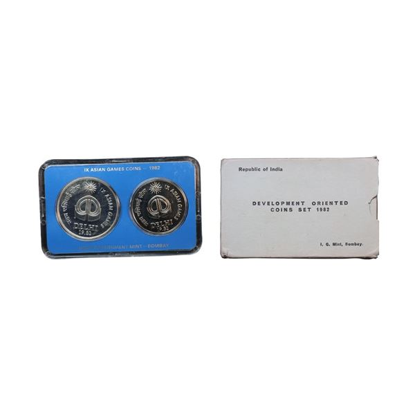 1982, IX Asian Games, UNC set of 2 coins, 100 rupees and 10 rupees, Bombay mint, RB 94