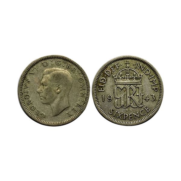 1943 Great britain sixpence (6d) coin form 1943 featuring king George VI, inscription "FID DFF IND I
