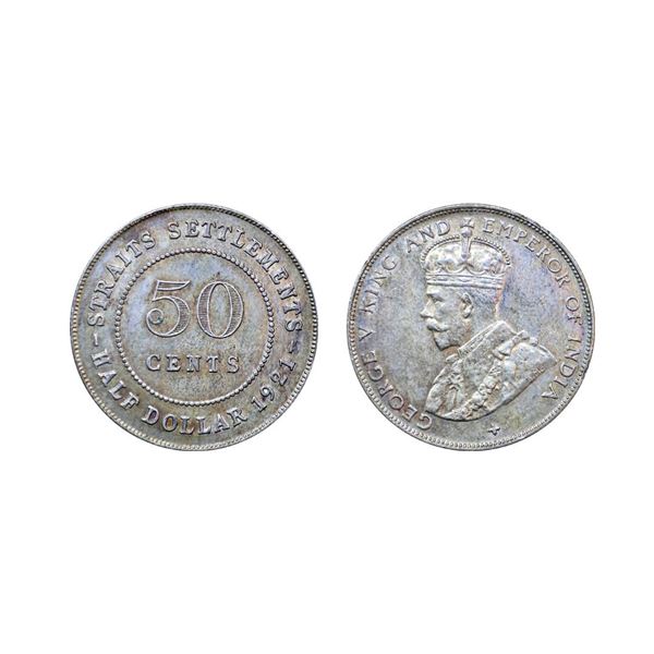 British Colonial, Straits Settlement, George V, 1920 AD, Silver 50 Cents, KM #35.