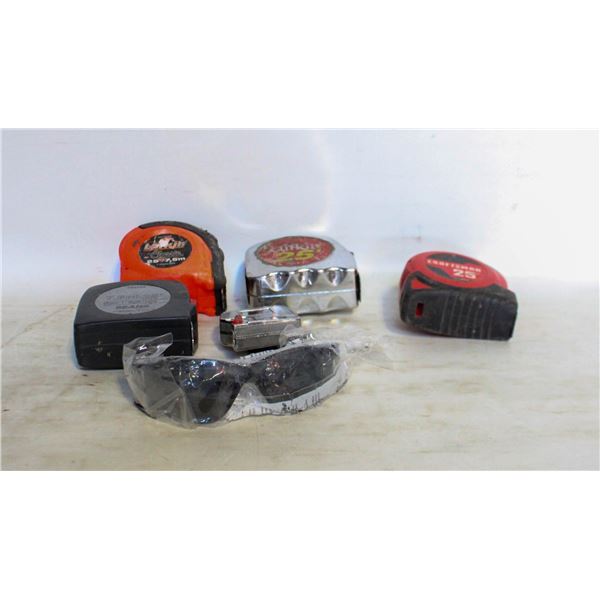 TAPE MEASURES AND SAFETY GLASSES