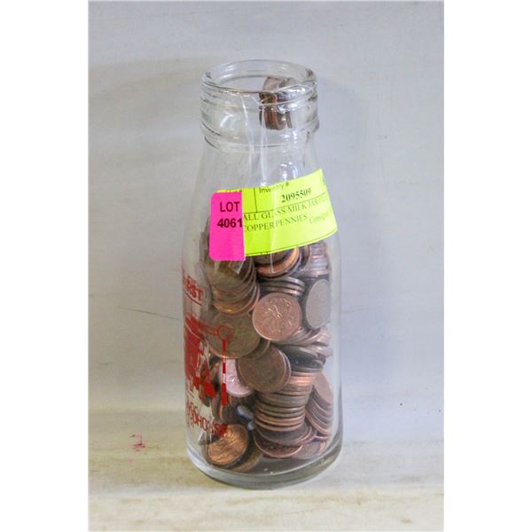 SMALL GLASS MILK JAR FILLED W/COPPER PENNIES