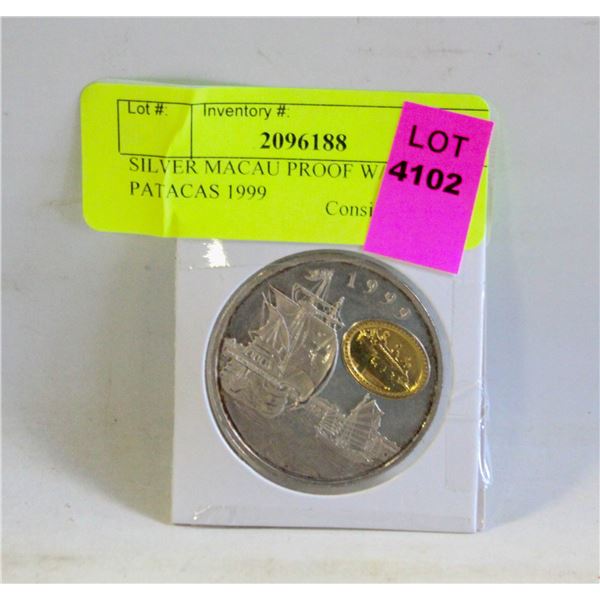 SILVER MACAU PROOF W/GOLD 100 PATACAS 1999