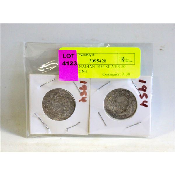 TWO CANADIAN 1954 SILVER 50 CENT COINS